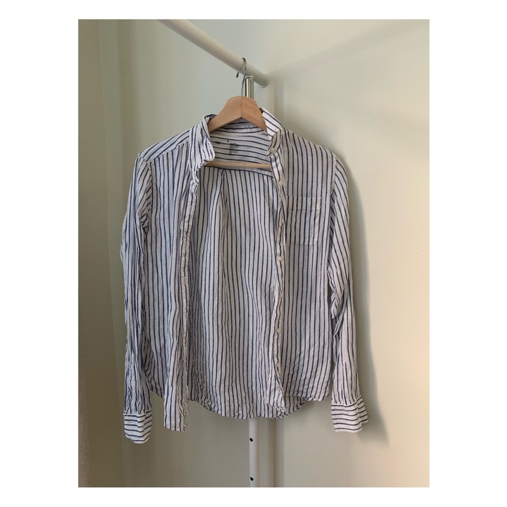 MUJI White Organic Linen Button Down Shirt with Blue Stripes (Women’s Small)